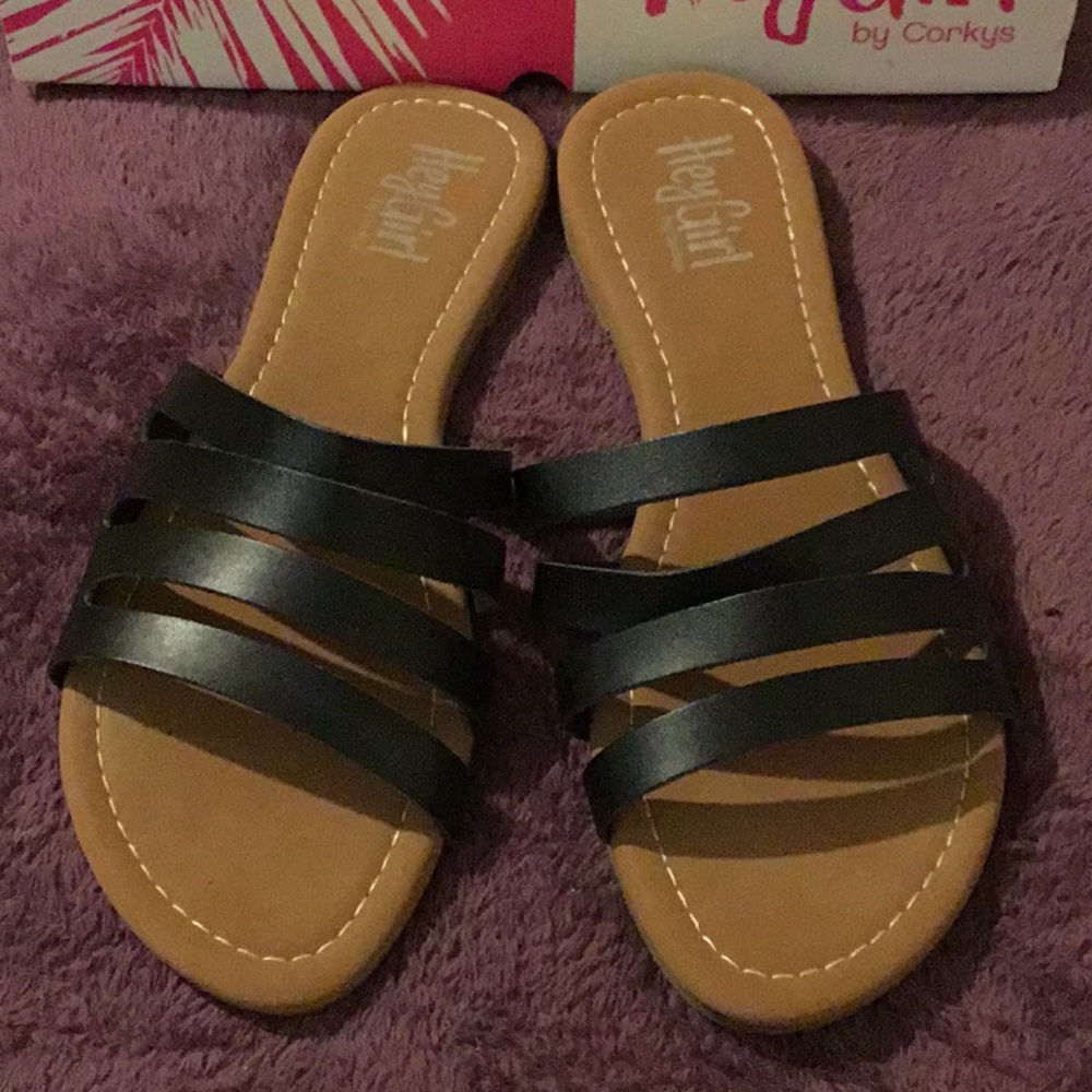 NWT CORKYS  Hey Girl Solid Black Strap Bikini Sandals 11